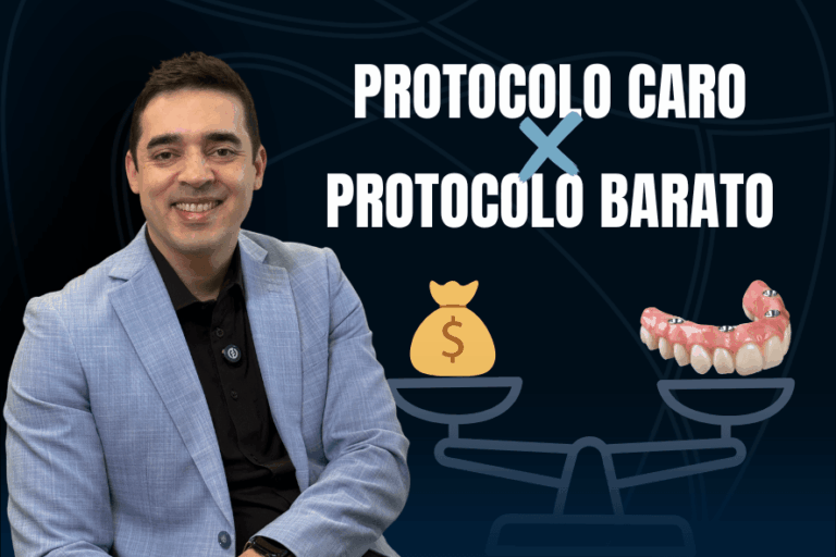 Dr. Roberto da Clínica Santé explicando a diferença de preço e qualidade entre prótese protocolo em BH, com ilustração de balança.