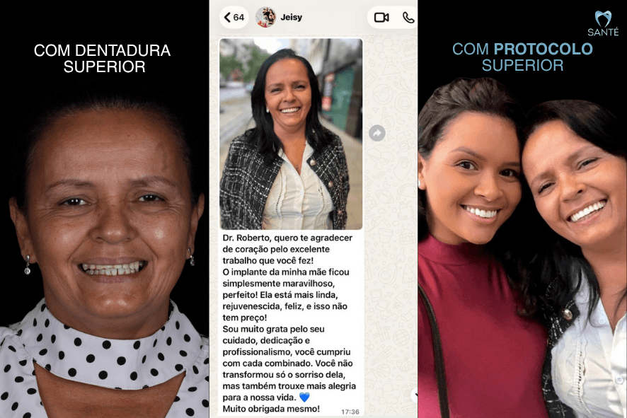 Print de depoimento no WhatsApp de filha de paciente agradecendo ao Dr. Roberto da Santé BH pelo resultado da prótese superior.