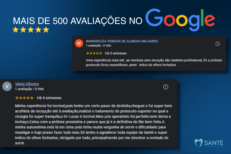 Print de avaliações 5 estrelas no Google sobre a Santé Clínica Odontológica em BH, destacando depoimentos positivos de pacientes de prótese protocolo.