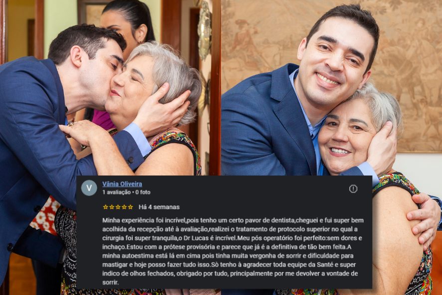 Dentista abraça paciente idosa sorridente ao lado de depoimento real sobre prótese protocolo na clínica Santé em Belo Horizonte