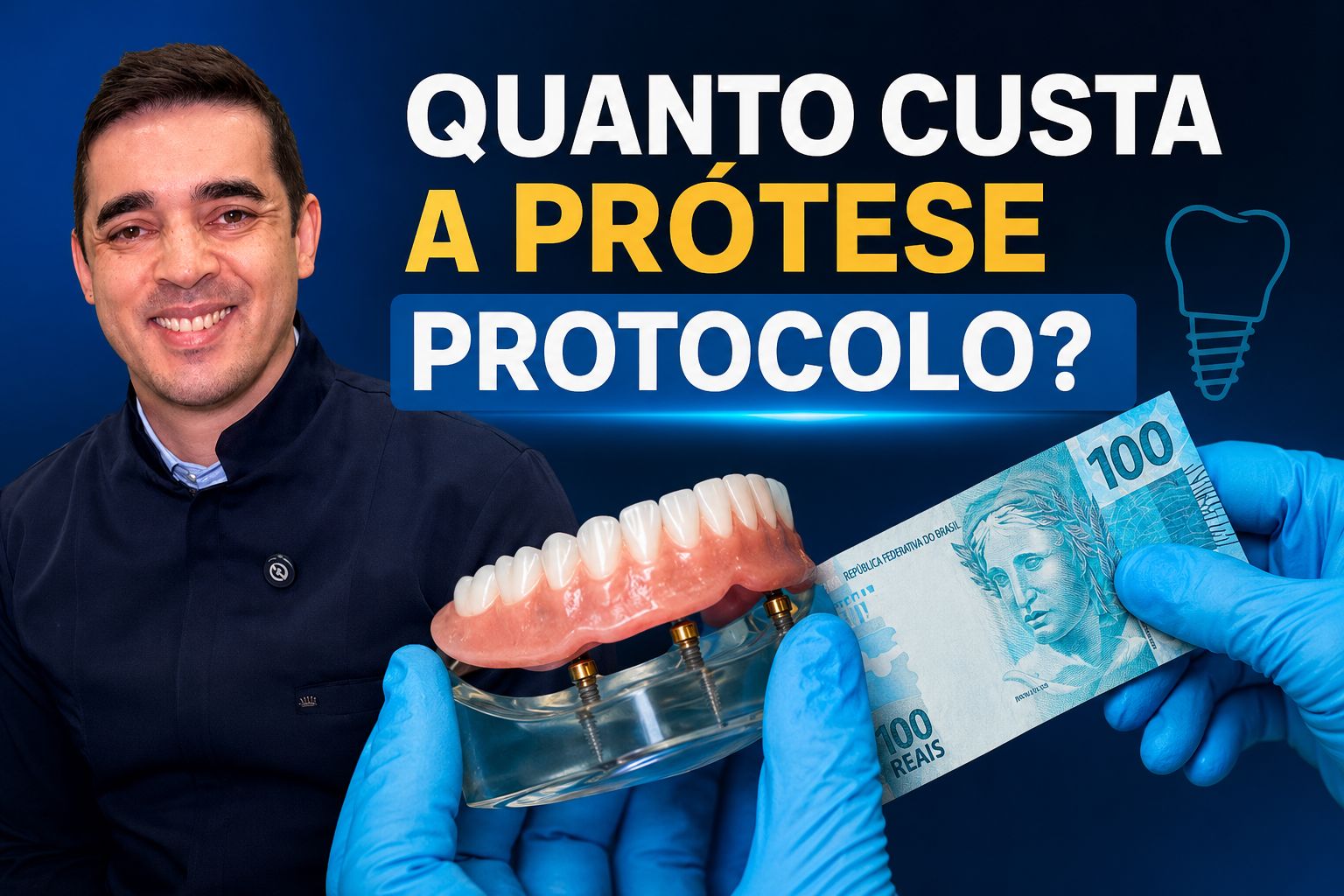 Dentista sorri ao lado de mãos com luvas segurando uma nota de cem reais e prótese protocolo na clínica Santé de Belo Horizonte